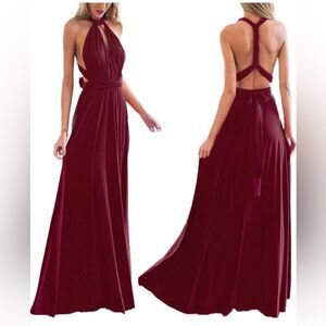 IWEMEK Long Prom Multi-Way Wrap Floor Length Wedding Halter Gown Burgundy Dress